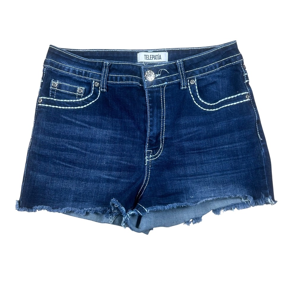 Telepatía Women Dark Wash Embroidered Rhinestone Denim Cutoff Shorts Size‎ 9/29